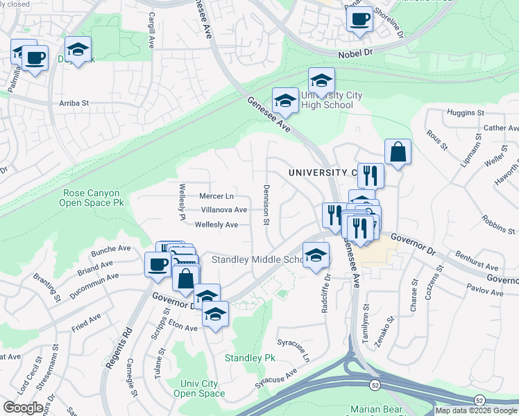map of restaurants, bars, coffee shops, grocery stores, and more near 3648 Villanova Avenue in San Diego