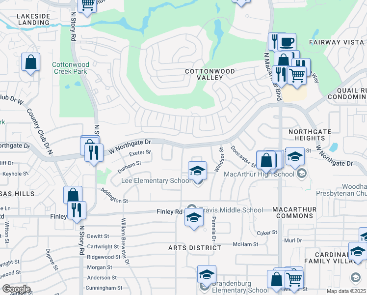 map of restaurants, bars, coffee shops, grocery stores, and more near 1700 West Northgate Drive in Irving
