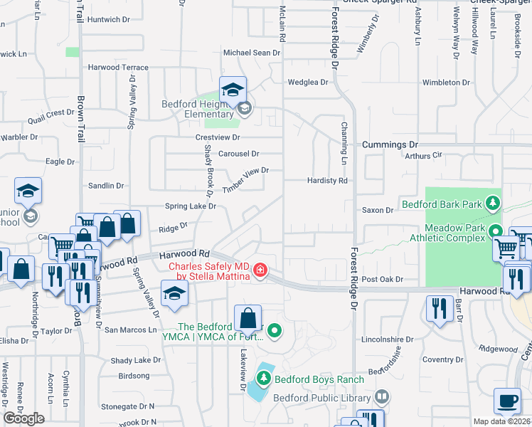 map of restaurants, bars, coffee shops, grocery stores, and more near 1204 Oakgrove Lane in Bedford
