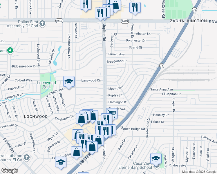 map of restaurants, bars, coffee shops, grocery stores, and more near 11413 Lippitt Avenue in Dallas