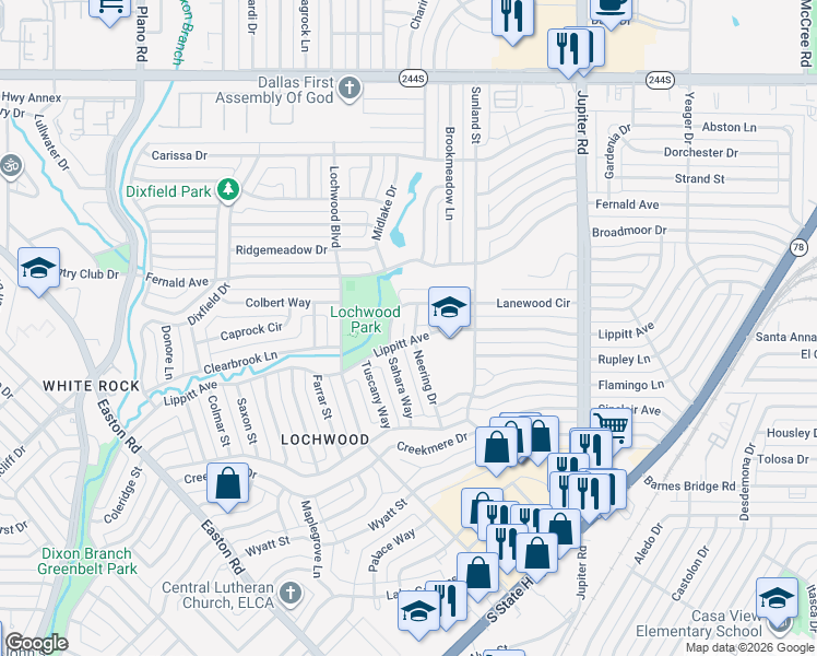 map of restaurants, bars, coffee shops, grocery stores, and more near 11811 Neering Dr in Dallas