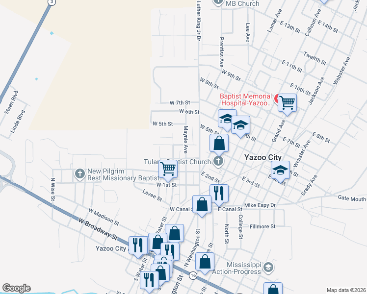 map of restaurants, bars, coffee shops, grocery stores, and more near 329 Maynie Avenue in Yazoo City