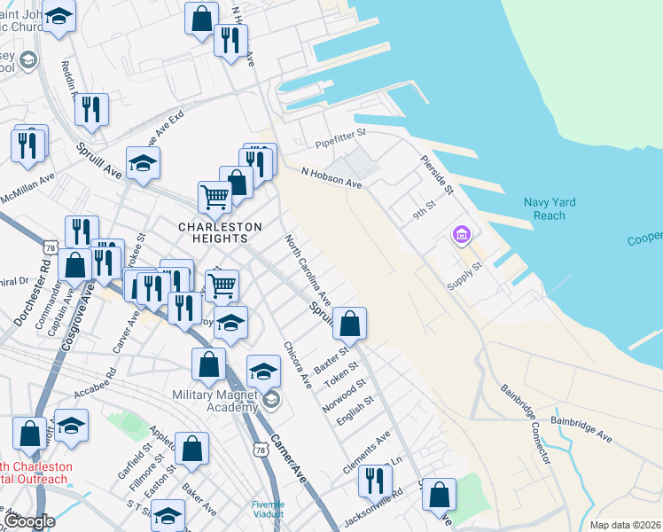 map of restaurants, bars, coffee shops, grocery stores, and more near 1802 Orvid Street in North Charleston