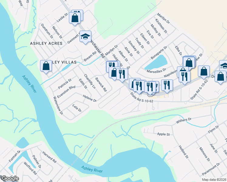 map of restaurants, bars, coffee shops, grocery stores, and more near 4307 Helene Drive in North Charleston