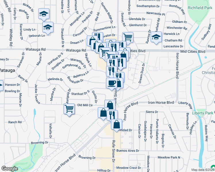 map of restaurants, bars, coffee shops, grocery stores, and more near 6001 Rufe Snow Drive in Watauga