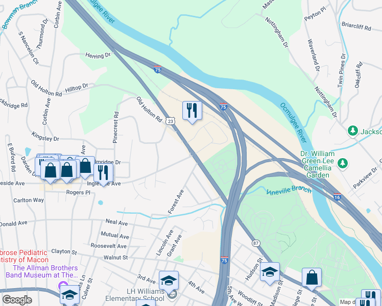map of restaurants, bars, coffee shops, grocery stores, and more near 2004 Riverside Drive in Macon