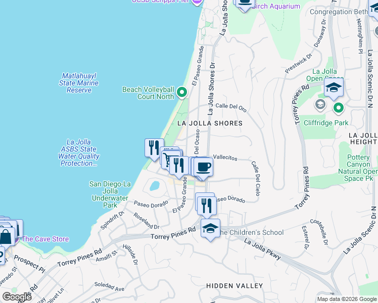 map of restaurants, bars, coffee shops, grocery stores, and more near 8229 El Paseo Grande in San Diego
