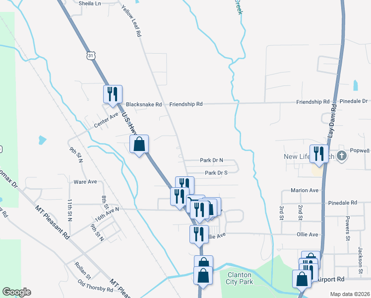 map of restaurants, bars, coffee shops, grocery stores, and more near 1803 Yellow Leaf Road in Clanton