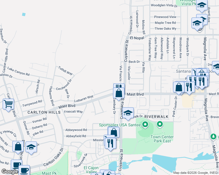 map of restaurants, bars, coffee shops, grocery stores, and more near 9790 Lutheran Way in Santee