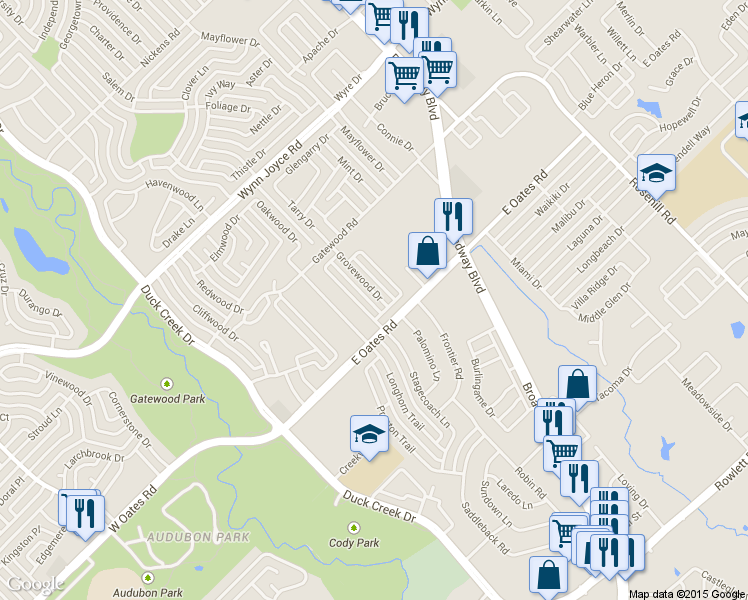 map of restaurants, bars, coffee shops, grocery stores, and more near 4829 Grovewood Drive in Garland
