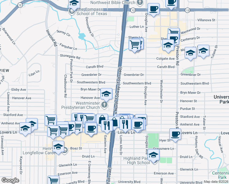 map of restaurants, bars, coffee shops, grocery stores, and more near 5750 Bryn Mawr Dr in Dallas