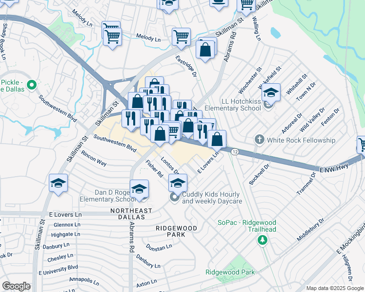 map of restaurants, bars, coffee shops, grocery stores, and more near 6520 Northwest Highway in Dallas