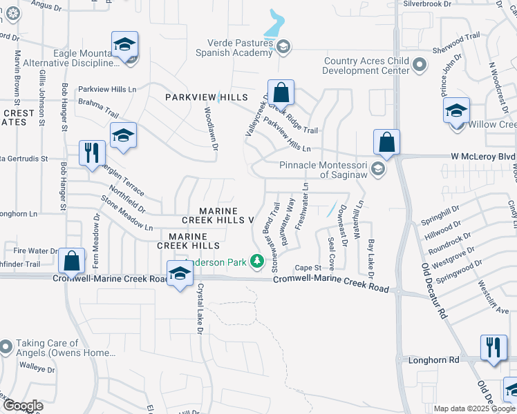 map of restaurants, bars, coffee shops, grocery stores, and more near 6433 Riverwater Trail in Fort Worth