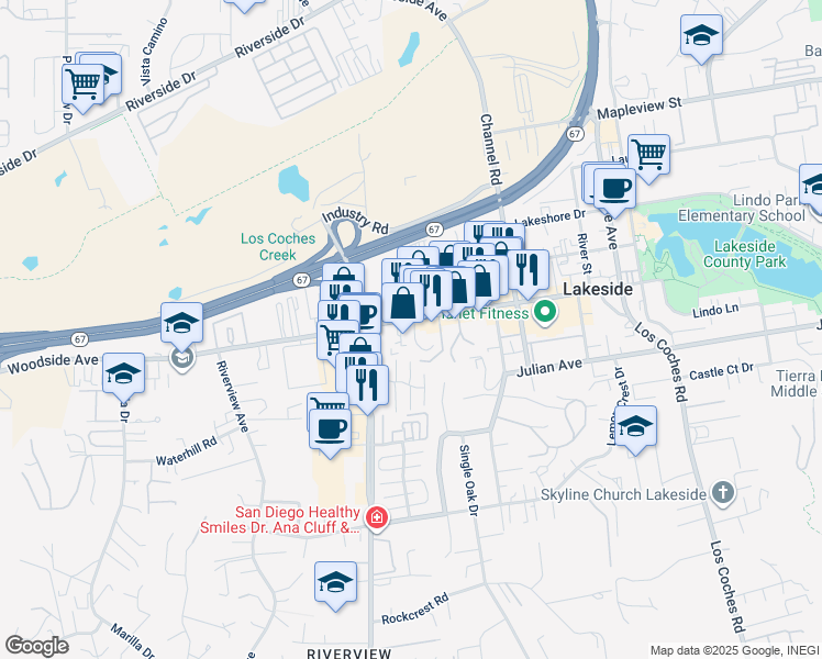 map of restaurants, bars, coffee shops, grocery stores, and more near 12149 Woodside Avenue in Lakeside