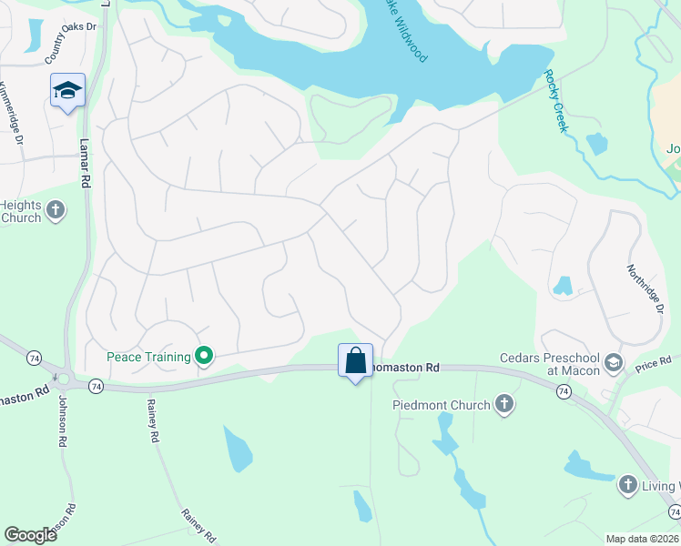 map of restaurants, bars, coffee shops, grocery stores, and more near 1390 Conestoga Trail in Macon