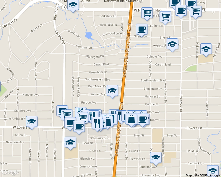 map of restaurants, bars, coffee shops, grocery stores, and more near 5716 Bryn Mawr Drive in Dallas