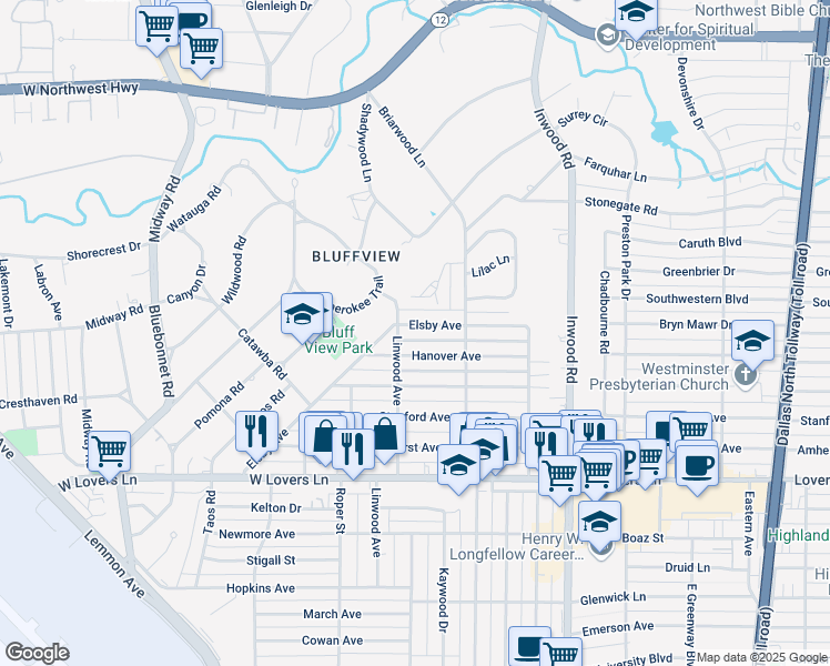 map of restaurants, bars, coffee shops, grocery stores, and more near 4906 Elsby Avenue in Dallas