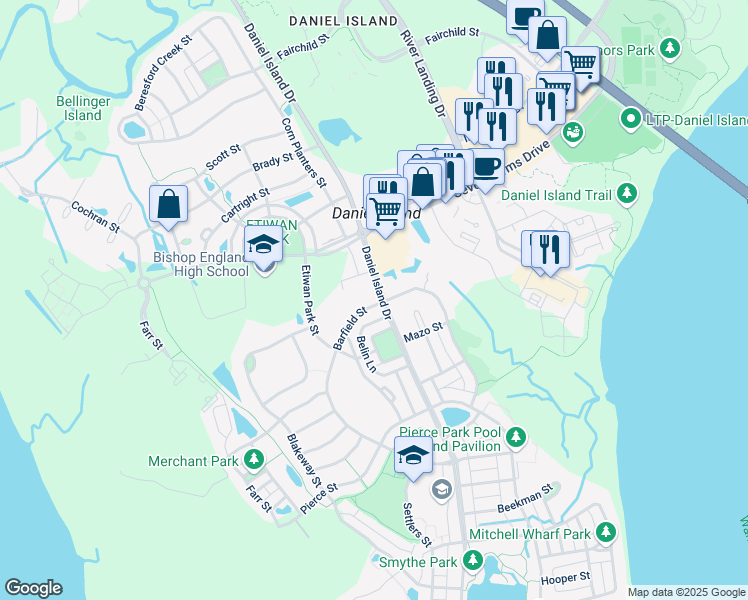 map of restaurants, bars, coffee shops, grocery stores, and more near 2213 Daniel Island Drive in Charleston