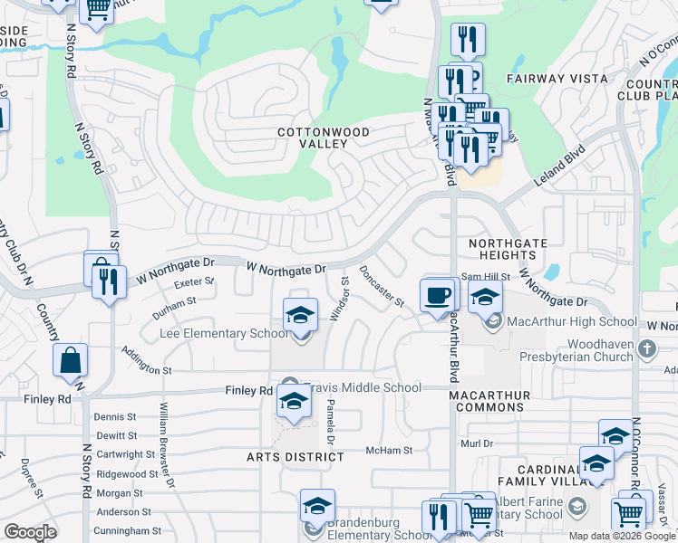 map of restaurants, bars, coffee shops, grocery stores, and more near 3723 Windsor Street in Irving