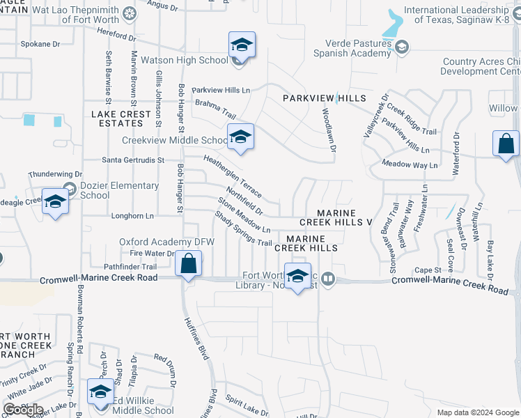map of restaurants, bars, coffee shops, grocery stores, and more near 5612 Northfield Drive in Fort Worth