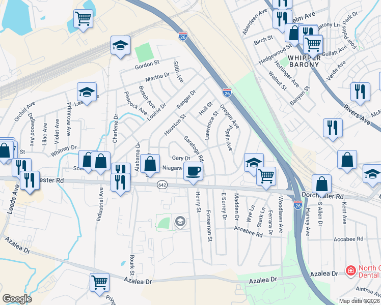 map of restaurants, bars, coffee shops, grocery stores, and more near 4049 Gary Drive in North Charleston