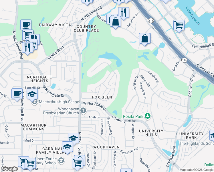 map of restaurants, bars, coffee shops, grocery stores, and more near 203 Hunt Drive in Irving