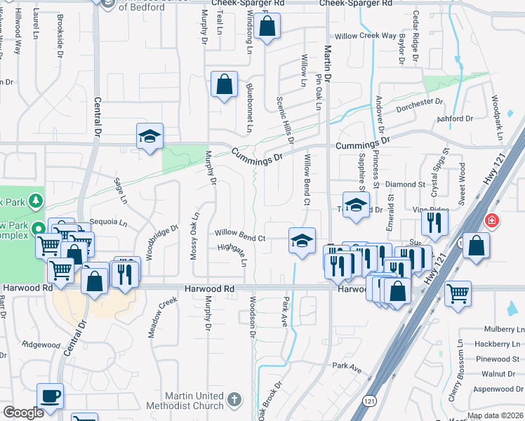 map of restaurants, bars, coffee shops, grocery stores, and more near 2716 Scenic Hills Drive in Bedford