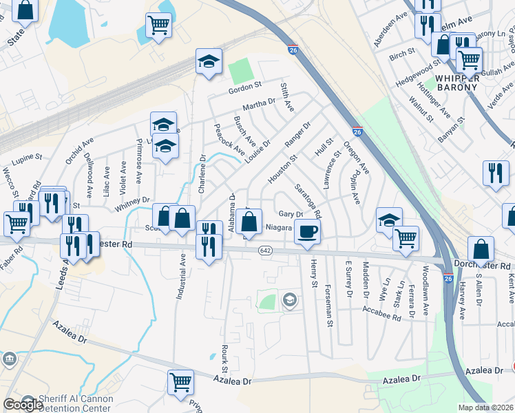 map of restaurants, bars, coffee shops, grocery stores, and more near 2812 Houston Street in North Charleston