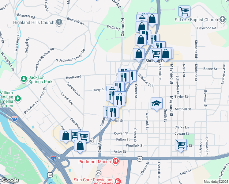 map of restaurants, bars, coffee shops, grocery stores, and more near 1091 Clinton Road in Macon