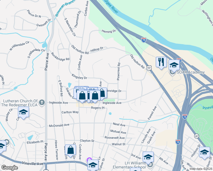 map of restaurants, bars, coffee shops, grocery stores, and more near 2252 Kingsley Dr in Macon