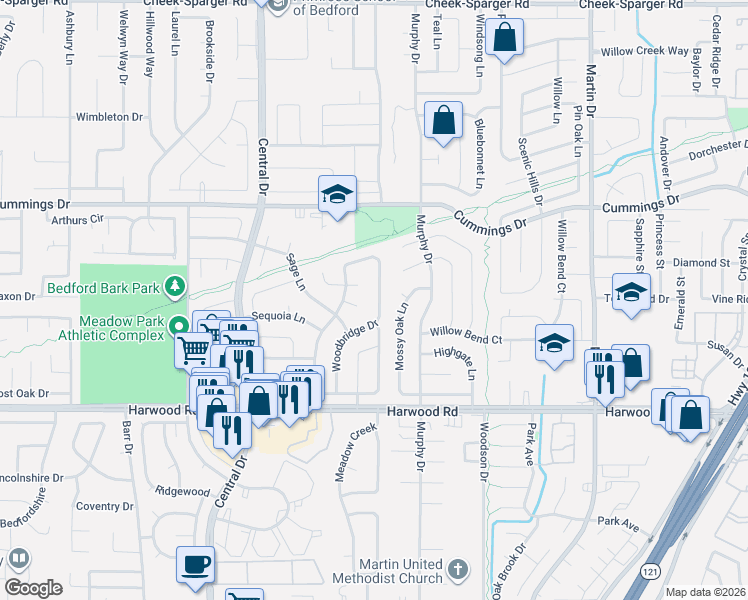 map of restaurants, bars, coffee shops, grocery stores, and more near 3013 Woodbridge Drive in Bedford