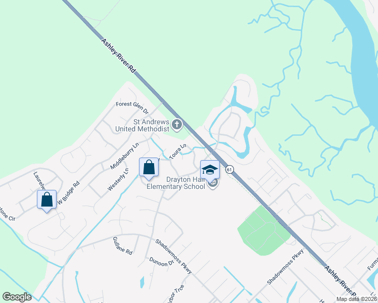 map of restaurants, bars, coffee shops, grocery stores, and more near 111 Toura Lane in Charleston