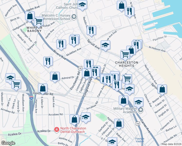 map of restaurants, bars, coffee shops, grocery stores, and more near 3400 Rivers Avenue in North Charleston
