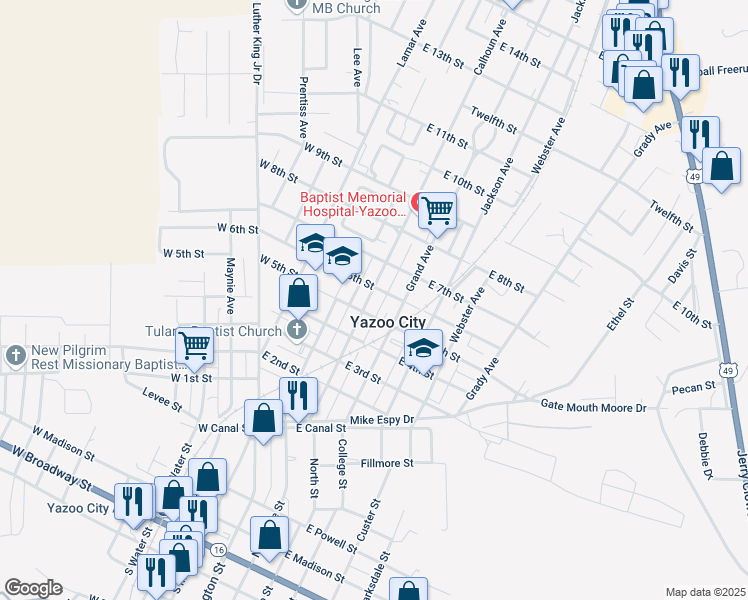 map of restaurants, bars, coffee shops, grocery stores, and more near 512 Calhoun Avenue in Yazoo City