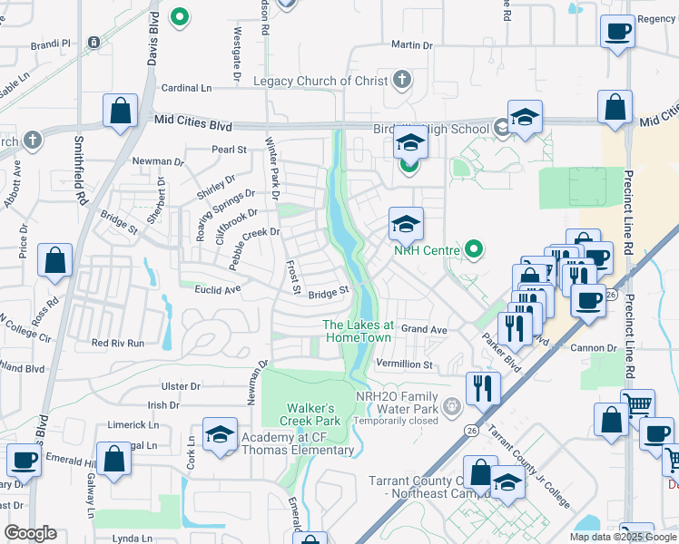 map of restaurants, bars, coffee shops, grocery stores, and more near 6021 Lake Way in North Richland Hills