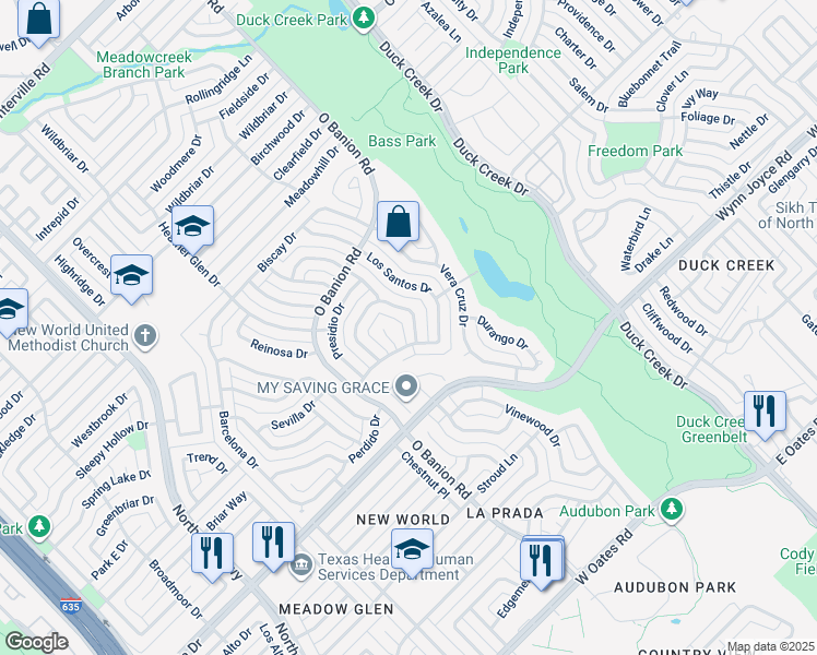 map of restaurants, bars, coffee shops, grocery stores, and more near 4910 Willowhaven Circle in Garland