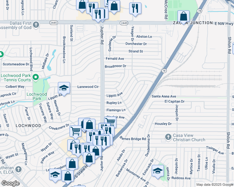 map of restaurants, bars, coffee shops, grocery stores, and more near 11449 Lippitt Avenue in Dallas