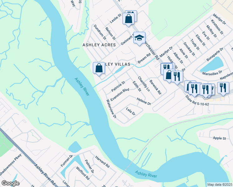 map of restaurants, bars, coffee shops, grocery stores, and more near 4340 Evanston Boulevard in North Charleston