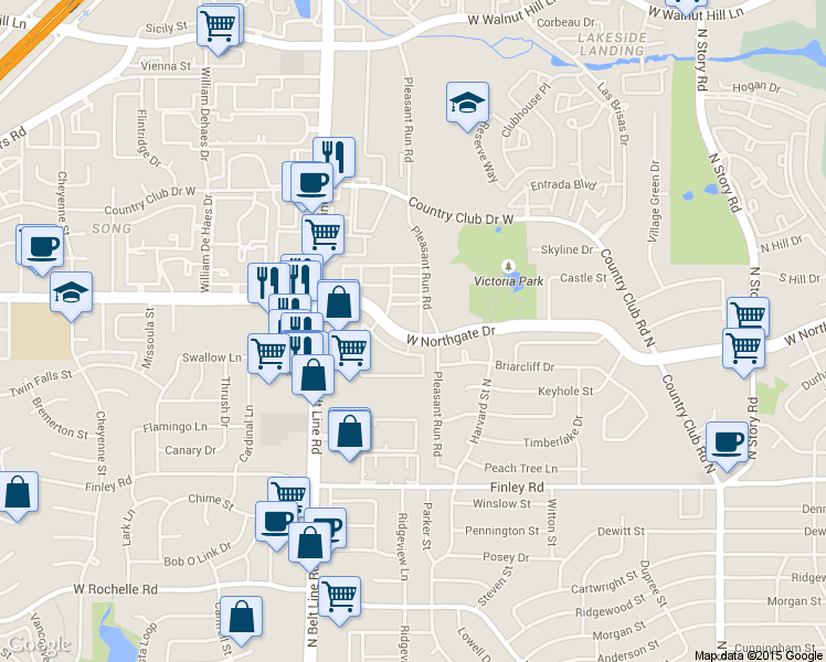 map of restaurants, bars, coffee shops, grocery stores, and more near 3103 West Northgate Drive in Irving