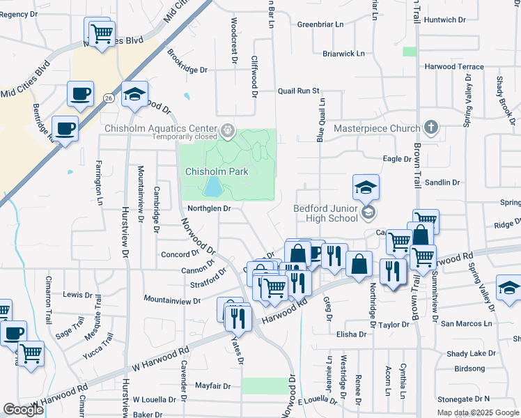 map of restaurants, bars, coffee shops, grocery stores, and more near 2061 Parkridge Drive in Hurst