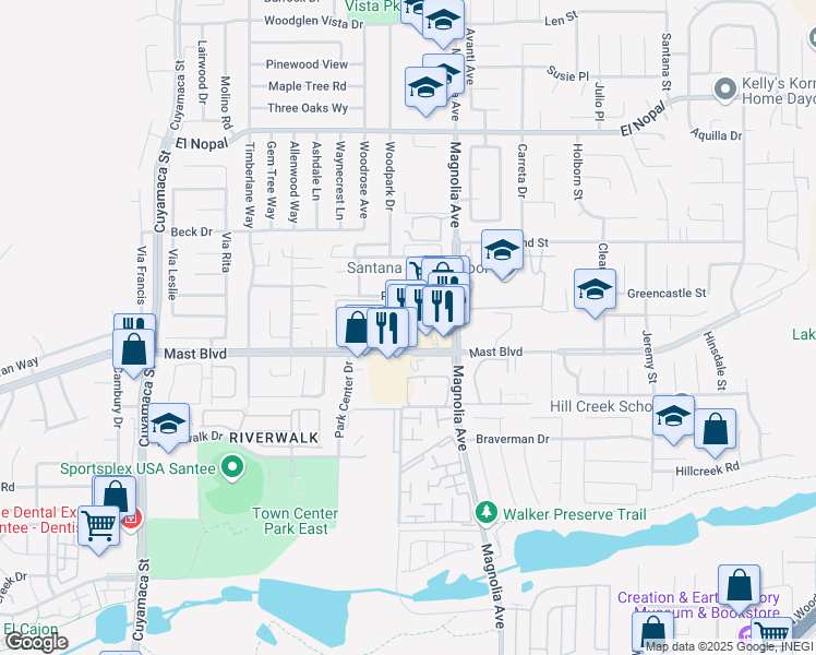 map of restaurants, bars, coffee shops, grocery stores, and more near 9838 North Magnolia Avenue in Santee