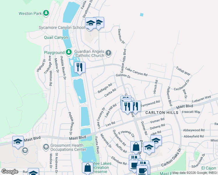 map of restaurants, bars, coffee shops, grocery stores, and more near 9239 Bellagio Road in Santee