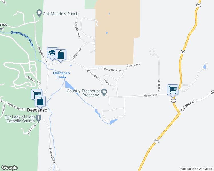 map of restaurants, bars, coffee shops, grocery stores, and more near 25173 Oak Lane in Descanso