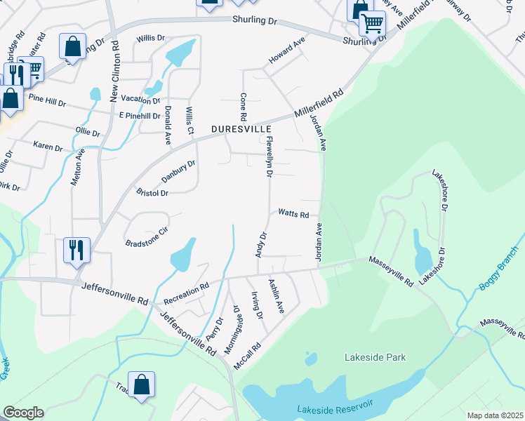 map of restaurants, bars, coffee shops, grocery stores, and more near 2722 Flewellyn Dr in Macon