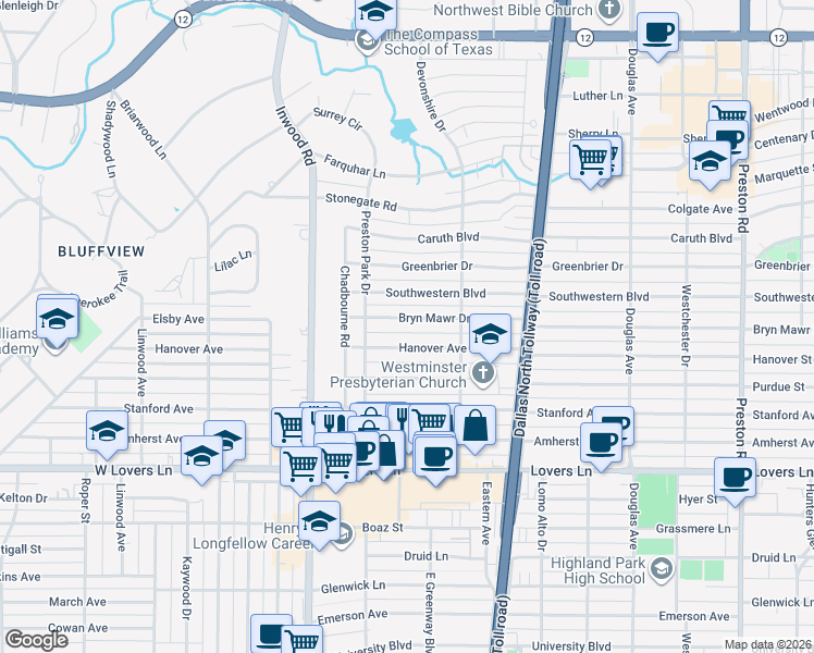 map of restaurants, bars, coffee shops, grocery stores, and more near 5538 Bryn Mawr Drive in Dallas