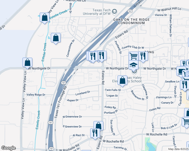 map of restaurants, bars, coffee shops, grocery stores, and more near 4228 West Northgate Drive in Irving
