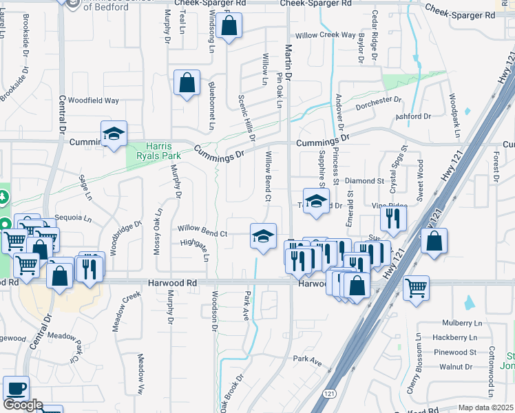 map of restaurants, bars, coffee shops, grocery stores, and more near 3123 Willow Bend Court in Bedford