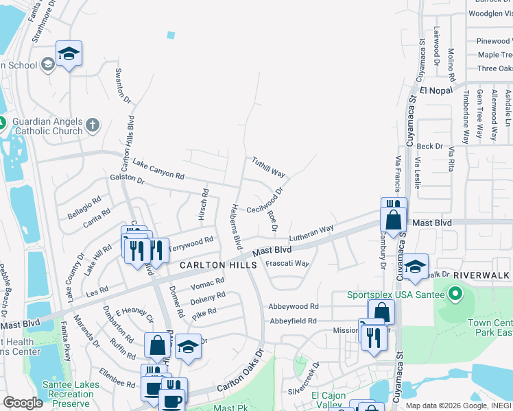 map of restaurants, bars, coffee shops, grocery stores, and more near 9544 Cecilwood Drive in Santee