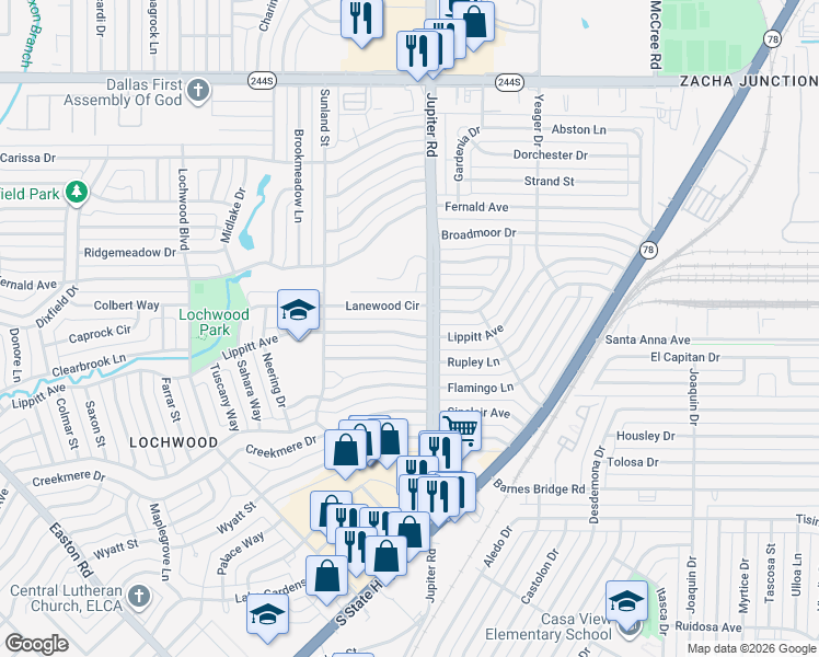 map of restaurants, bars, coffee shops, grocery stores, and more near 11367 Lippitt Avenue in Dallas