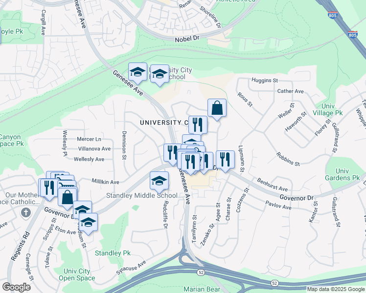 map of restaurants, bars, coffee shops, grocery stores, and more near 5225 Genesee Cove in San Diego